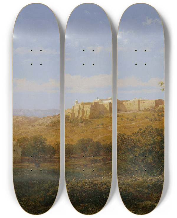 Triptych art skateboard deck of Bernhard Fiedler Kloster In Bethlehem by Bernhard Fiedler (1816-1904)
