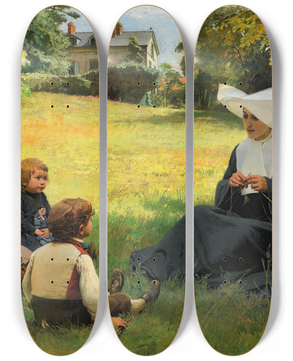 Triptych art skateboard deck of Louis Emile Adan La Leon De Catchisme by Louis Emile Adan (1839-1937)