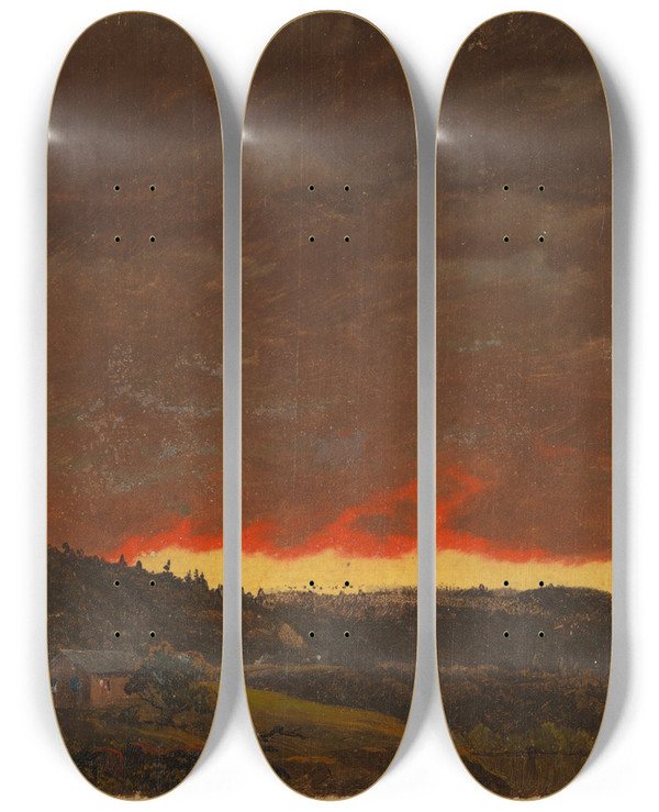 Triptych art skateboard deck of Frederic Edwin Church Landscape Sunset by Frederic Edwin Church (1826-1900)