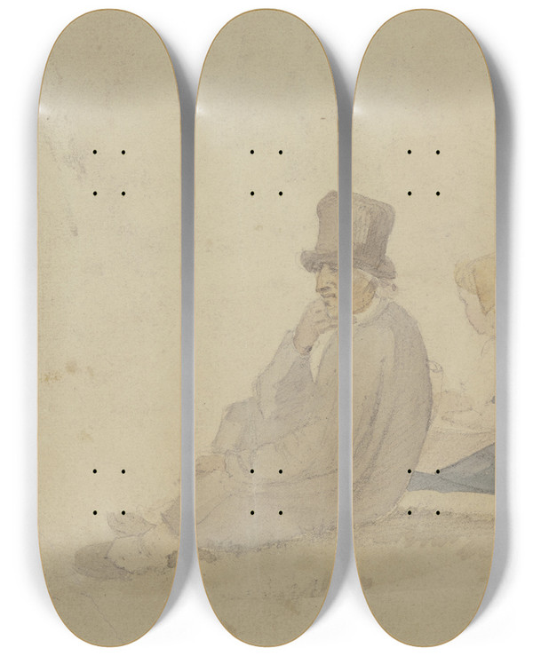 Triptych art skateboard deck of Jakob Frchtegott Dielmann Ein Bauer Mit Einem Zylinderhut Eine Frau Und Ein Mdchen Auf Dem Boden Sitzend Alle Drei Im Profil Nach Links by Jakob Furchtegott Dielmann (1809-1885)