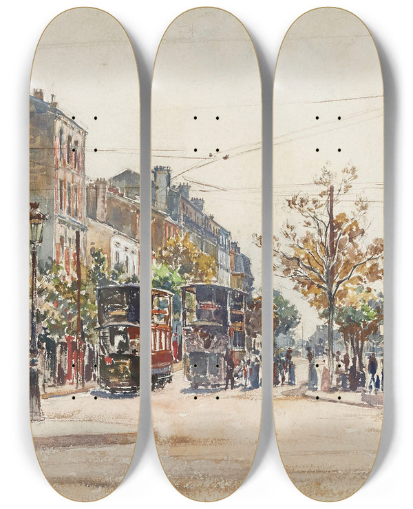 Triptych art skateboard deck of Frdric Houbron Tramways Impriale Dans Une Avenue De Paris En 1901 by Frederic Houbron (1851-1908)