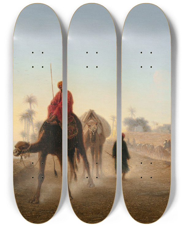 Triptych art skateboard deck of Charles Thodore Frre Caravan In The Desert by Charles Theodore Frere (1814-1888)