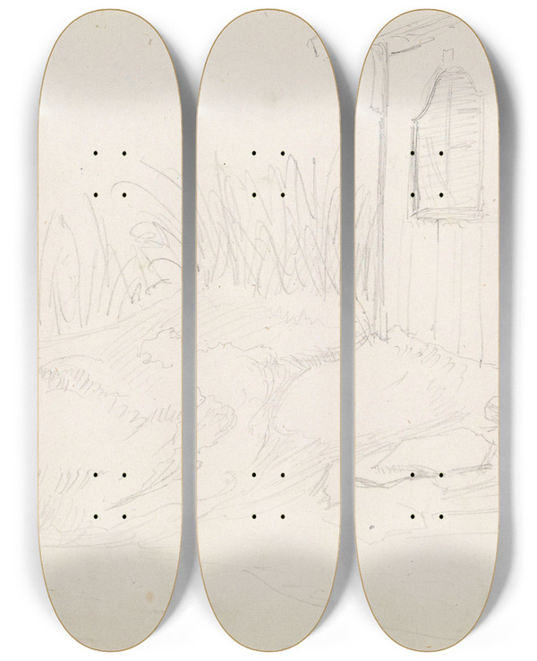 Triptych art skateboard deck of Adolph Tidemand Hus Ved Skrent by Adolph Tidemand (1814-1876)