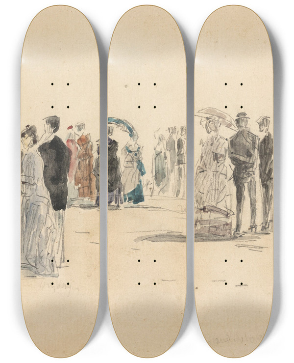 Triptych art skateboard deck of Eugne Boudin People On The Beach At Trouville by Eugene Boudin (1824-1898)