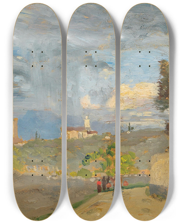 Triptych art skateboard deck of Tina Blau Malcesine by Tina Blau (1845-1916)