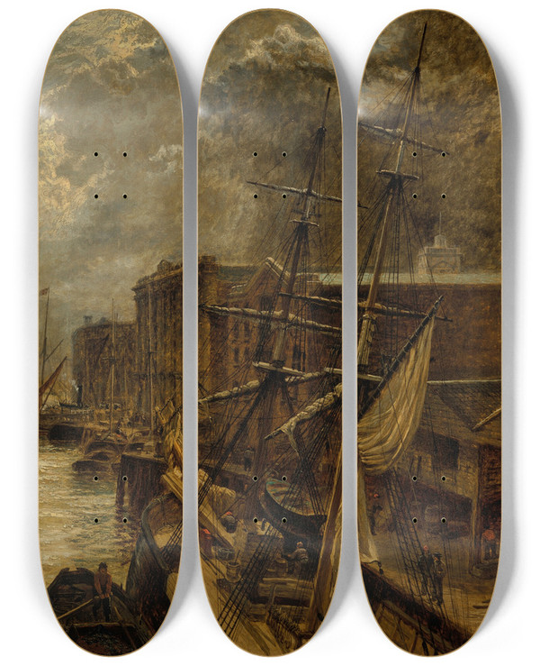 Triptych art skateboard deck of Henry Dawson The Tower From London Bridge by Henry Dawson (1811-1878)