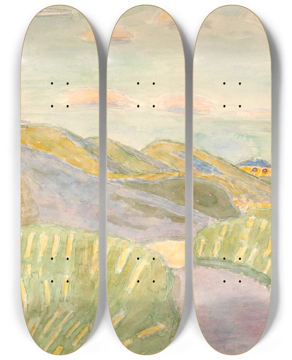 Triptych art skateboard deck of Niels Bjerre Fra Vejlby Klint Udsigt Ind Mod Land by Niels Bjerre (1864-1942)