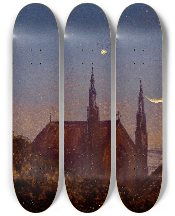 Triptych art skateboard deck of Carl Gustav Carus Gotische Kirche Ber Baumwipfeln Bei Mondenschein Kleine Mondscheinlandschaft Mit Kirchlein by Carl Gustav Carus (1789-1869)