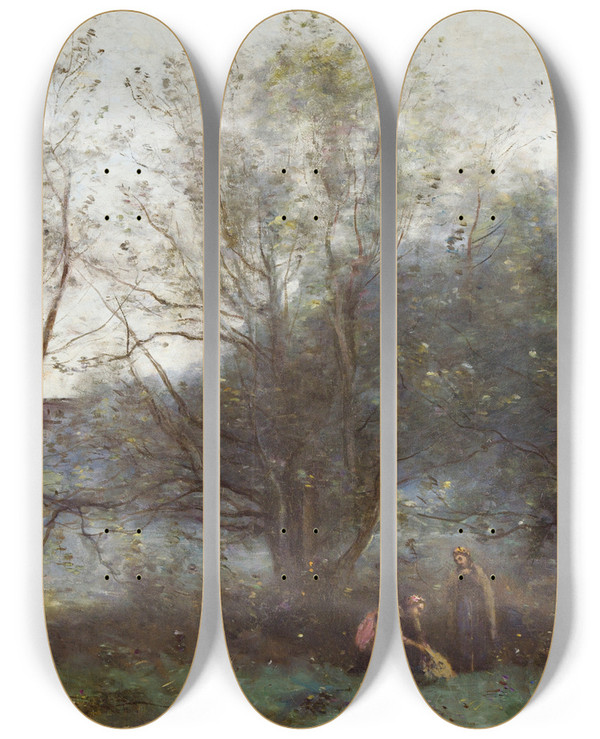 Triptych art skateboard deck of Jeanbaptistecamille Corot Les Tangs De Ville Davray by Jean-Baptiste-Camille Corot (1796-1875)