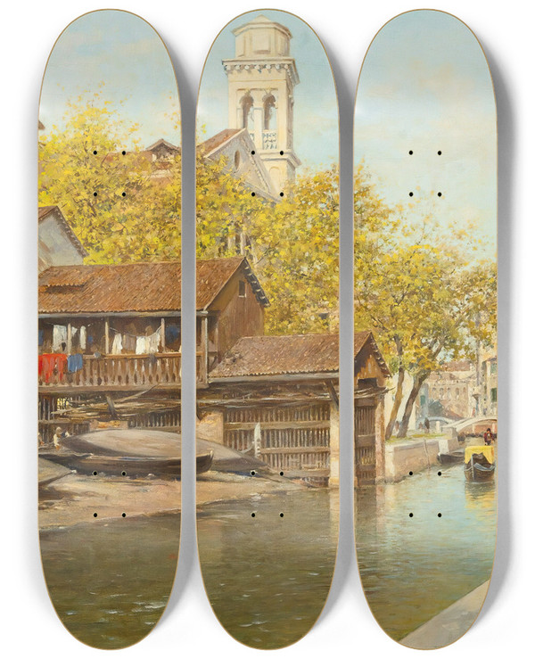 Triptych art skateboard deck of Rafael Senet Y Perez Rio San Trovaso Venice by Rafael Senet Y Perez (1856-1926)