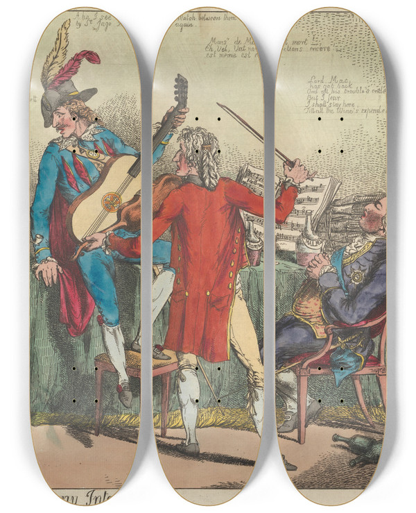 Triptych art skateboard deck of Charles Ansell The Diplomatic Squad Or Harmony Interrupted by Charles Ansell