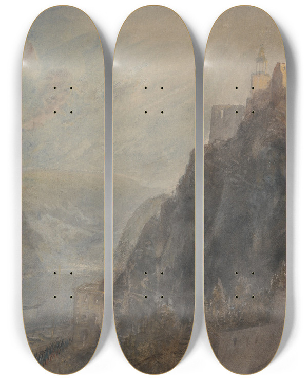 Triptych art skateboard deck of Joseph Mallord William Turner Rheinfels Looking To Katz And Gourhausen by Joseph Mallord William Turner (1775-1851)