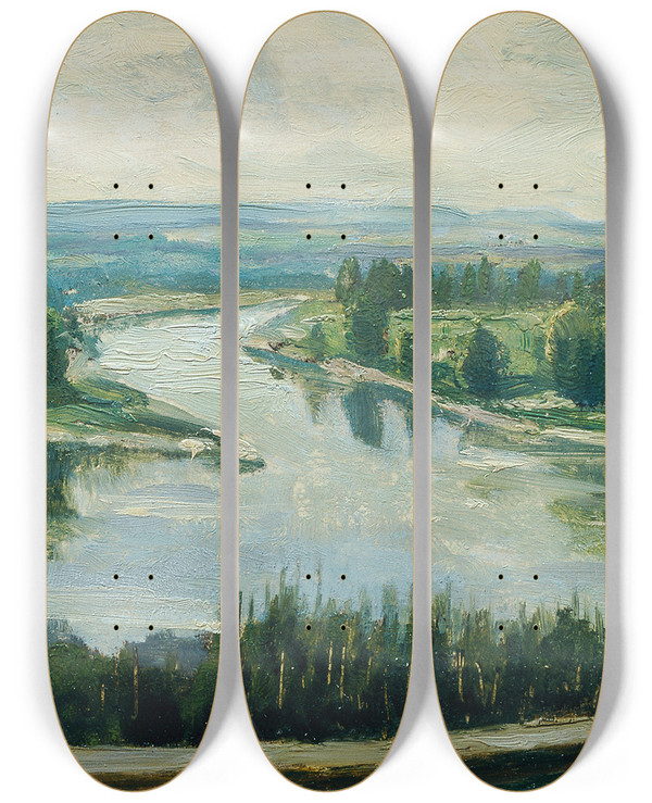 Triptych art skateboard deck of Ferdinand Engelmller Zusammenfluss Von Moldau Und Elbe by Ferdinand Engelmuller (1867-1924)