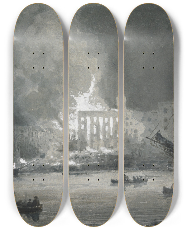 Triptych art skateboard deck of George Jones Fire On The Thames by George Jones (1786-1869)