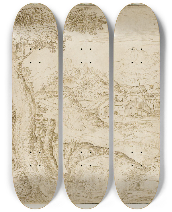 Triptych art skateboard deck of Domenico Campagnola Landskab Med En By Og En Sovende Hyrde by Domenico Campagnola (1500-1564)