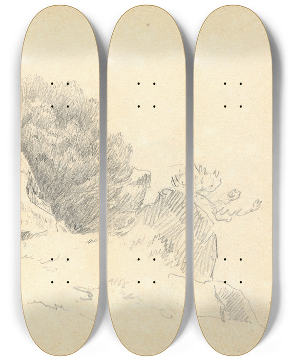 Triptych art skateboard deck of Thomas Bradshaw Sketch Of Rocks And Shrubs by Thomas Bradshaw (1767)