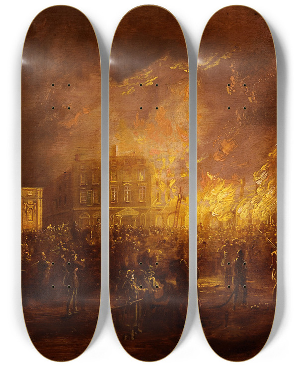 Triptych art skateboard deck of William Sadler The Younger The Burning Of The Arcade In College Green Dublin by William Sadler the Younger (1782-1839)