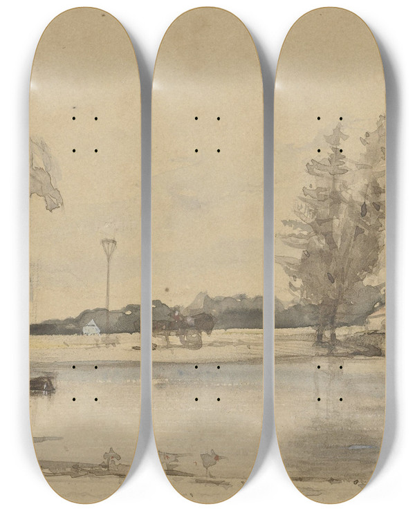 Triptych art skateboard deck of Johannes Bosboom Gezicht Over De Vijver Van Het Huis Te Leede by Johannes Bosboom (1817-1891)