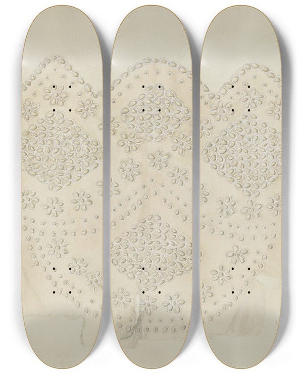 Triptych art skateboard deck of Henry Rasmusen Embroidery by Henry Rasmusen