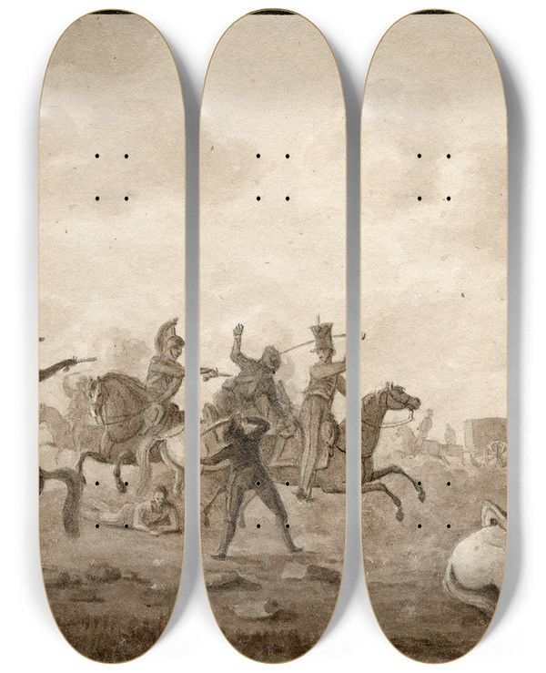 Triptych art skateboard deck of Otto Howen Ruitergevecht by Otto Howen (1774-1848)
