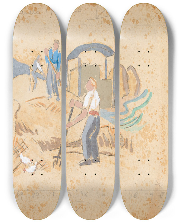 Triptych art skateboard deck of Mainie Jellett Farmers Haymaking by Mainie Jellett (1897-1944)
