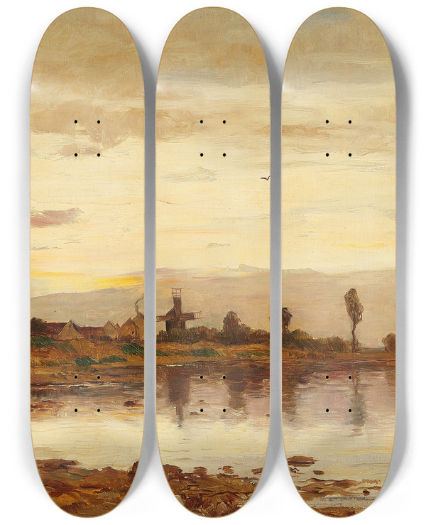 Triptych art skateboard deck of Paul Baum Hollndische Kanallandschaft by Paul Baum (1859-1932)