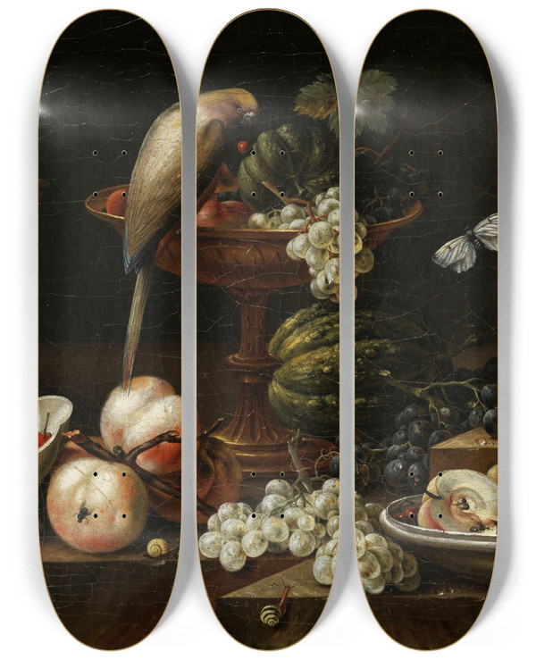 Triptych art skateboard deck of Johann Amandus Winck Still Life With Flowers And Fruits A Perroquet And Various Insects On A Ledge by Johann Amandus Winck (1748-1817)