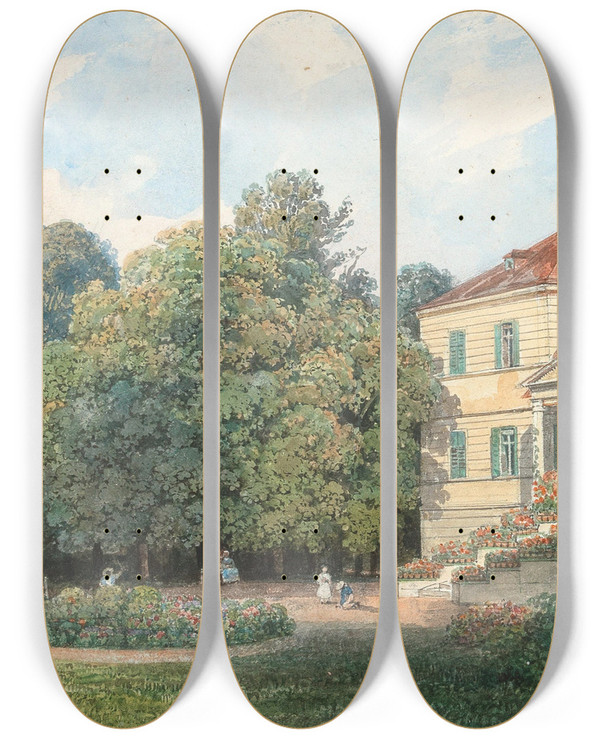 Triptych art skateboard deck of Thomas Ender Villa In A Park_1 by Thomas Ender (1793-1875)