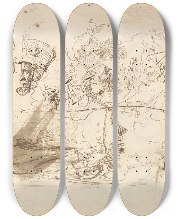 Triptych art skateboard deck of Wilhelm Von Kaulbach Studies Of Soldiers And Of A Battle In A Wood by Wilhelm von Kaulbach (1805-1874)