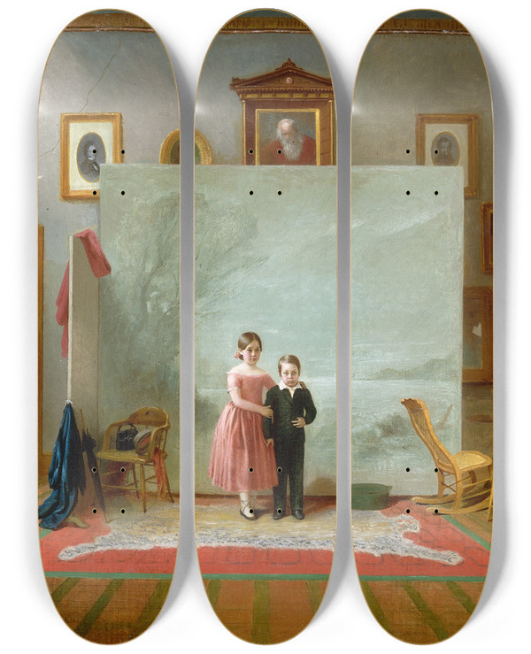 Triptych art skateboard deck of Thomas Le Clear Interior With Portraits by Thomas Le Clear (1818-1882)