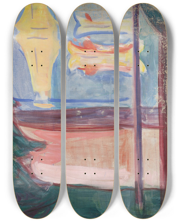 Triptych art skateboard deck of Edvard Munch Beach Landscape With Trees And Boats_1 by Edvard Munch (1863-1944)