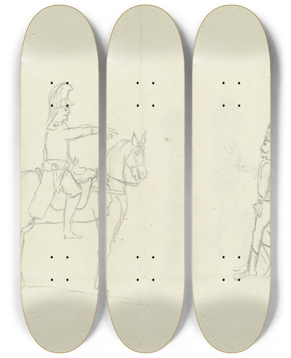 Triptych art skateboard deck of Franz Pforr Ein Soldat Zu Pferde Und Drei Stehende Soldaten In Verschiedenen Uniformen by Franz Pforr (1788-1812)