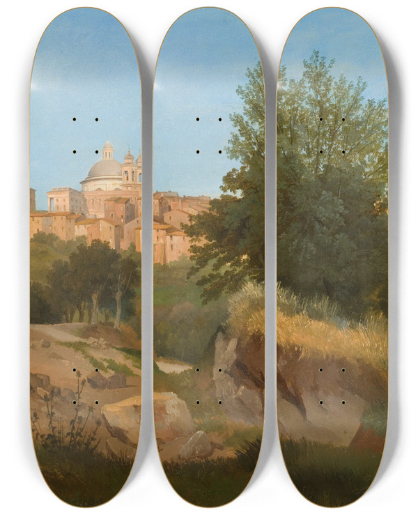 Triptych art skateboard deck of Gustaf Wilhelm Palm View Of Ariccia by Gustaf Wilhelm Palm (1810-1890)