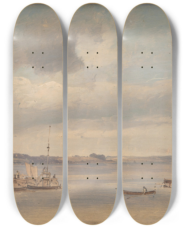 Triptych art skateboard deck of Vilhelm Petersen A Boat Harbour Humlebk Zealand by Vilhelm Petersen (1812-1880)