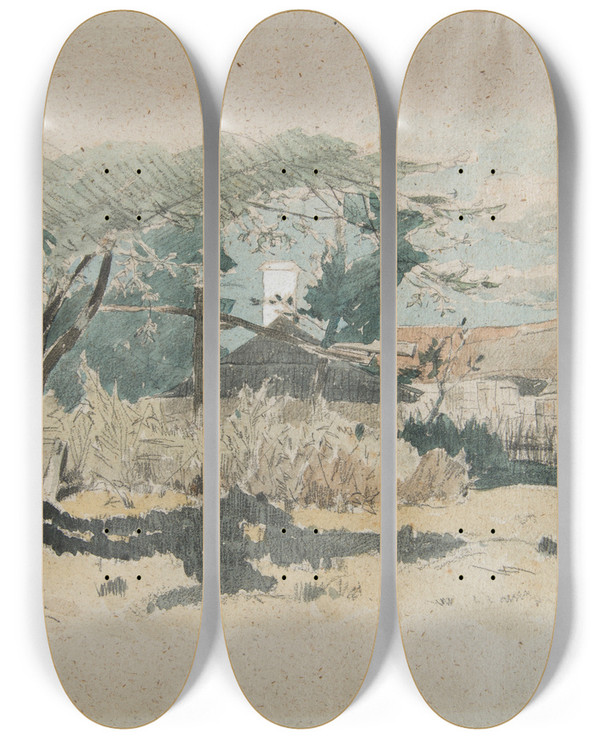 Triptych art skateboard deck of Jozef Brandt Country Farms In Orosk by Jozef Brandt (1841-1915)
