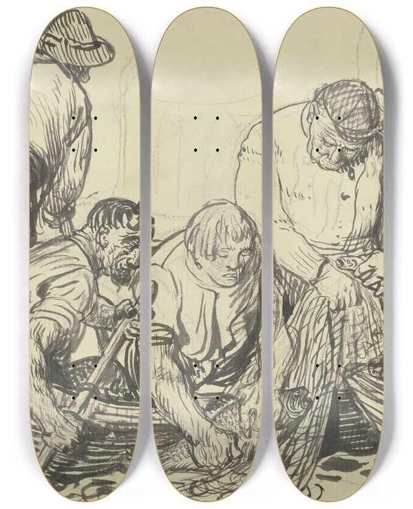Triptych art skateboard deck of Fritz Boehle Fishermen Working by Fritz Boehle (1873-1916)