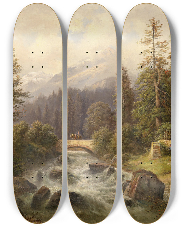 Triptych art skateboard deck of Gustav Barbarini Partie Bei Weyer by Gustav Barbarini (1840-1909)