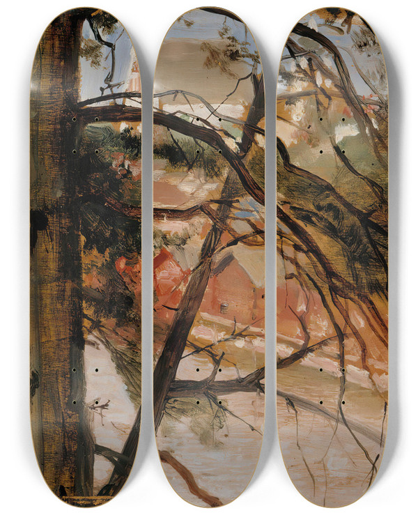 Triptych art skateboard deck of Albert Edelfelt Study For Porvoo From Nsinmki Hill by Albert Edelfelt (1854-1905)