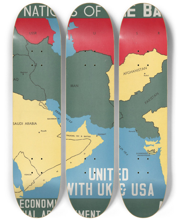 Triptych art skateboard deck of Us Information Agency Muslim Member Nations Of The Baghdad Pact by U S Information Agency (1953-1999)