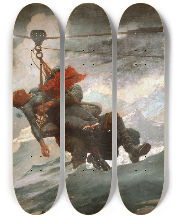 Triptych art skateboard deck of Winslow Homer The Life Line by Winslow Homer (1836-1910)