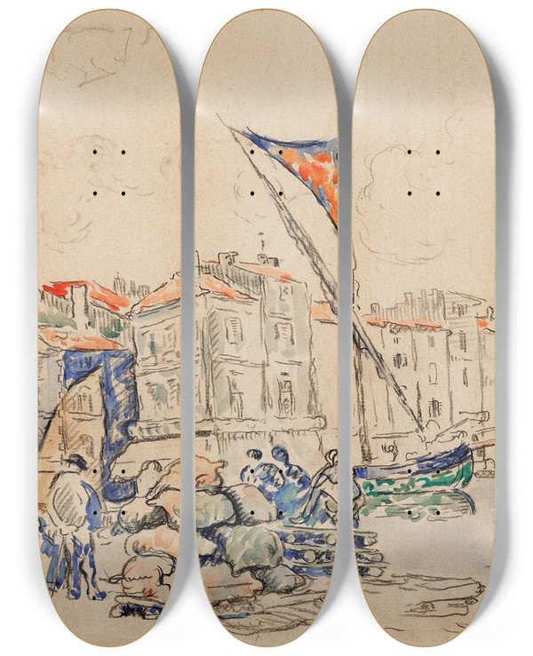 Triptych art skateboard deck of Paul Signac Sainttropez Le Port_2 by Paul Signac (1863-1935)