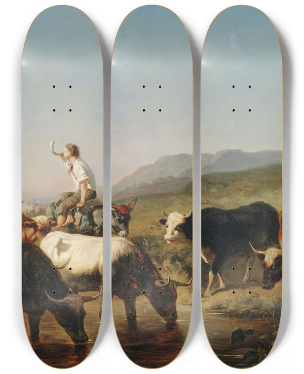 Triptych art skateboard deck of Adolf Schreyer Vieh Und Schafherde Mit Eselreitendem Hirtenknaben In Weiter Landschaft by Adolf Schreyer (1828-1899)
