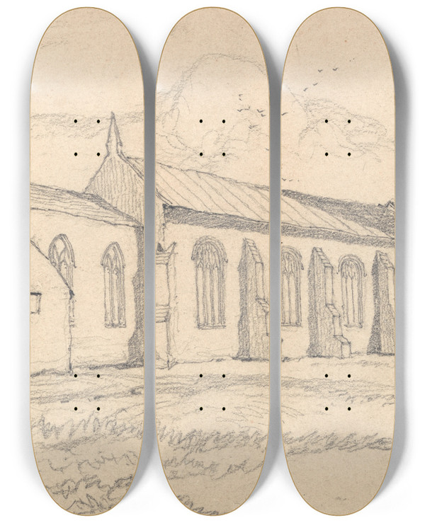 Triptych art skateboard deck of John Sell Cotman Knapton Church Norfolk From The Northeast by John Sell Cotman (1782-1842)