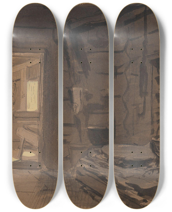 Triptych art skateboard deck of Adolph Tidemand Interir Fra Et Ildhus by Adolph Tidemand (1814-1876)