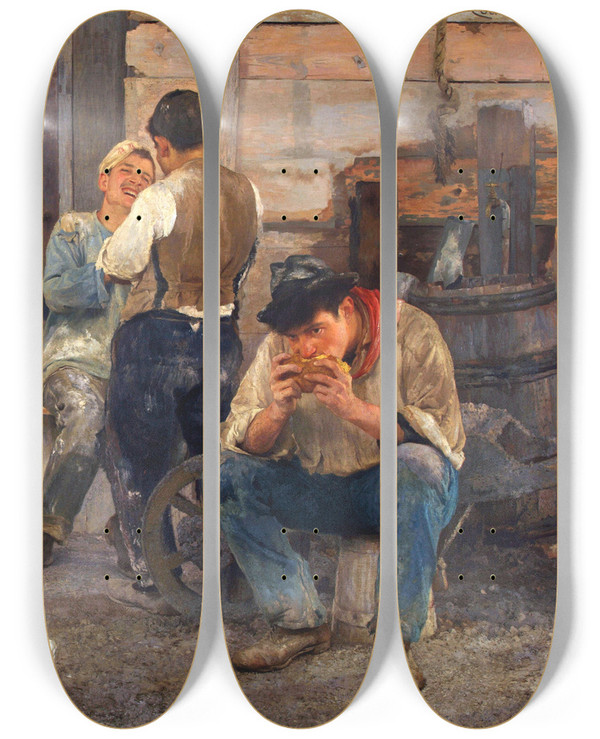 Triptych art skateboard deck of Po Collivadino La Hora Del Almuerzo by Pio Collivadino (1869-1945)