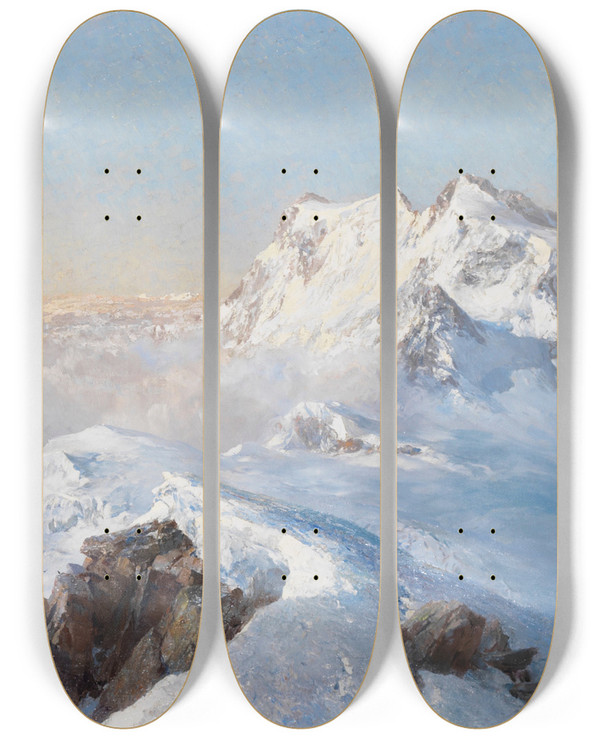 Triptych art skateboard deck of Edward Theodore Compton Ber Dem Nebelmeer Monte Rosa Vom Rimpfischhorn by Edward Theodore Compton (1849-1921)