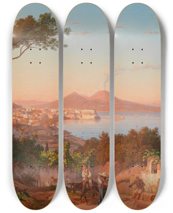 Triptych art skateboard deck of Carl Wilhelm Gtzloff Blick In Die Bucht Von Neapel by Carl Wilhelm Gotzloff (1799-1866)