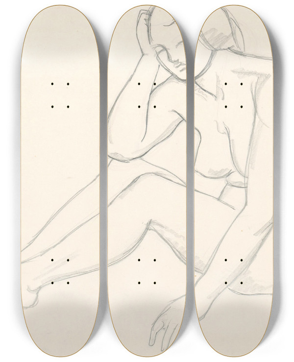 Triptych art skateboard deck of Mikul Galanda Akt_5 by Mikulas Galanda (1895-1938)