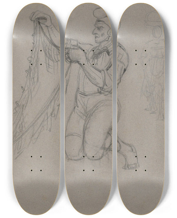 Triptych art skateboard deck of Carl Morgenstern Studienblatt Fischer Und Lasten Tragende Frauen by Carl Morgenstern (1811-1893)