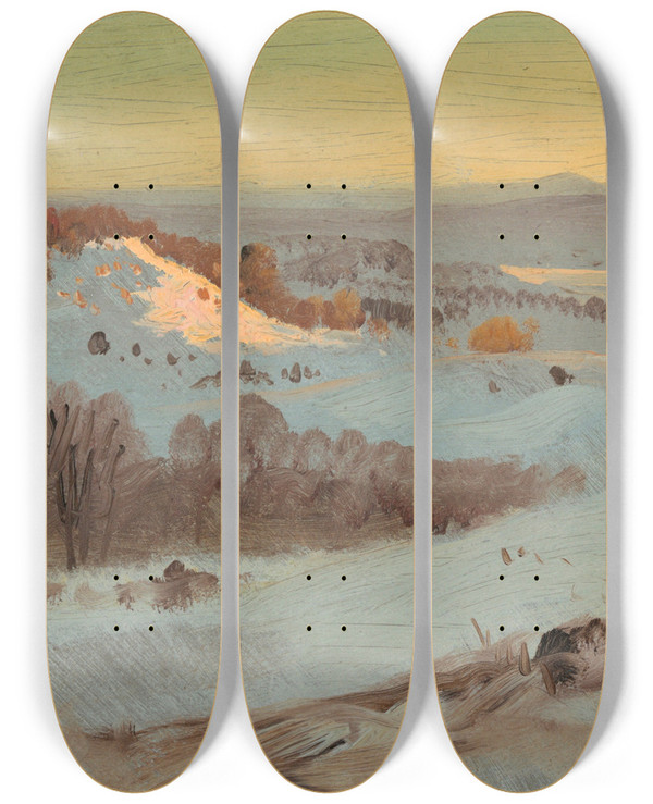 Triptych art skateboard deck of Frederic Edwin Church Hudson Valley New York In Winter by Frederic Edwin Church (1826-1900)